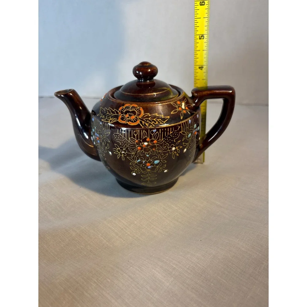 Vintage Brown Ceramic Teapot with Floral Design Mini Small Charming Accent Piece